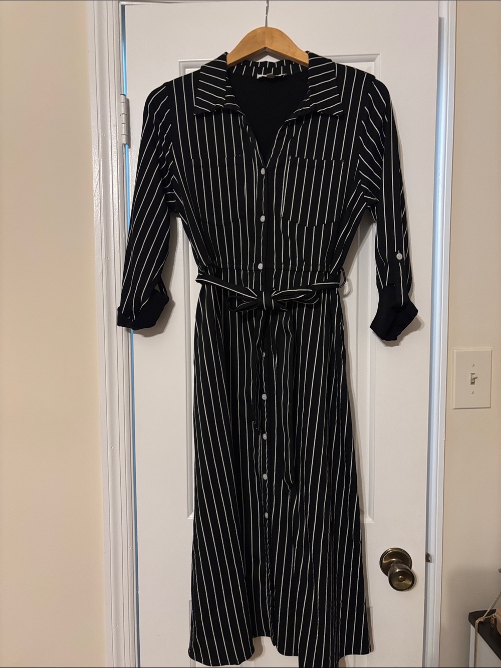 Hayden Black and White Striped Midi Shirt Dress with Self-Tie Waist